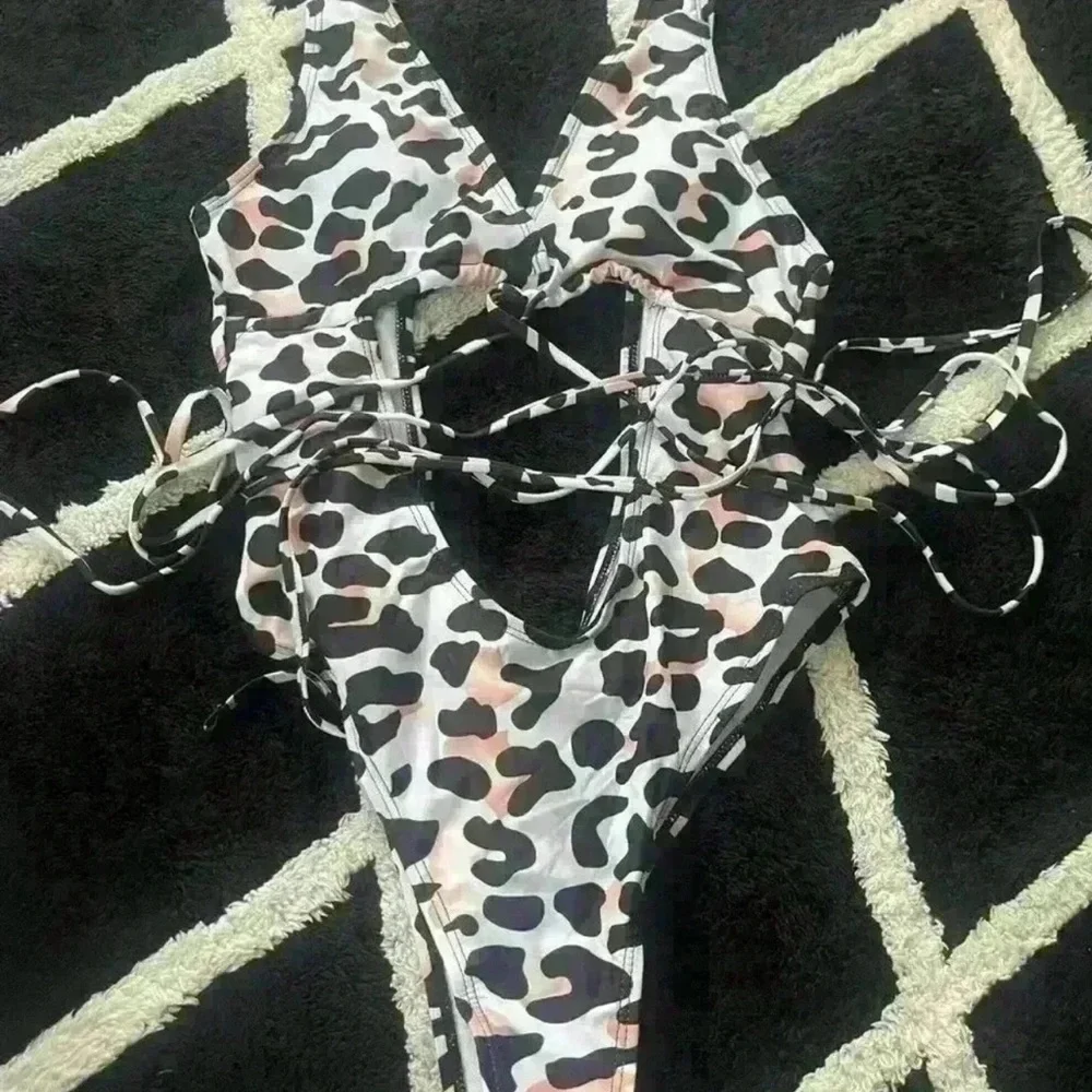 - 2 New one piece Leopard high cut Brazilian yellow /black white swim suit M/L